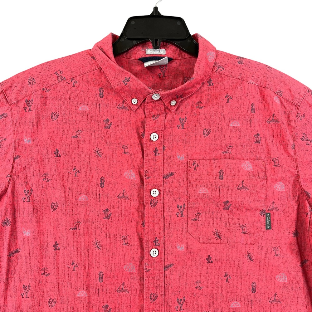 Columbia Tropical Print Shirt Mens L Red Resort Coastal Beach Vibes Button Down
